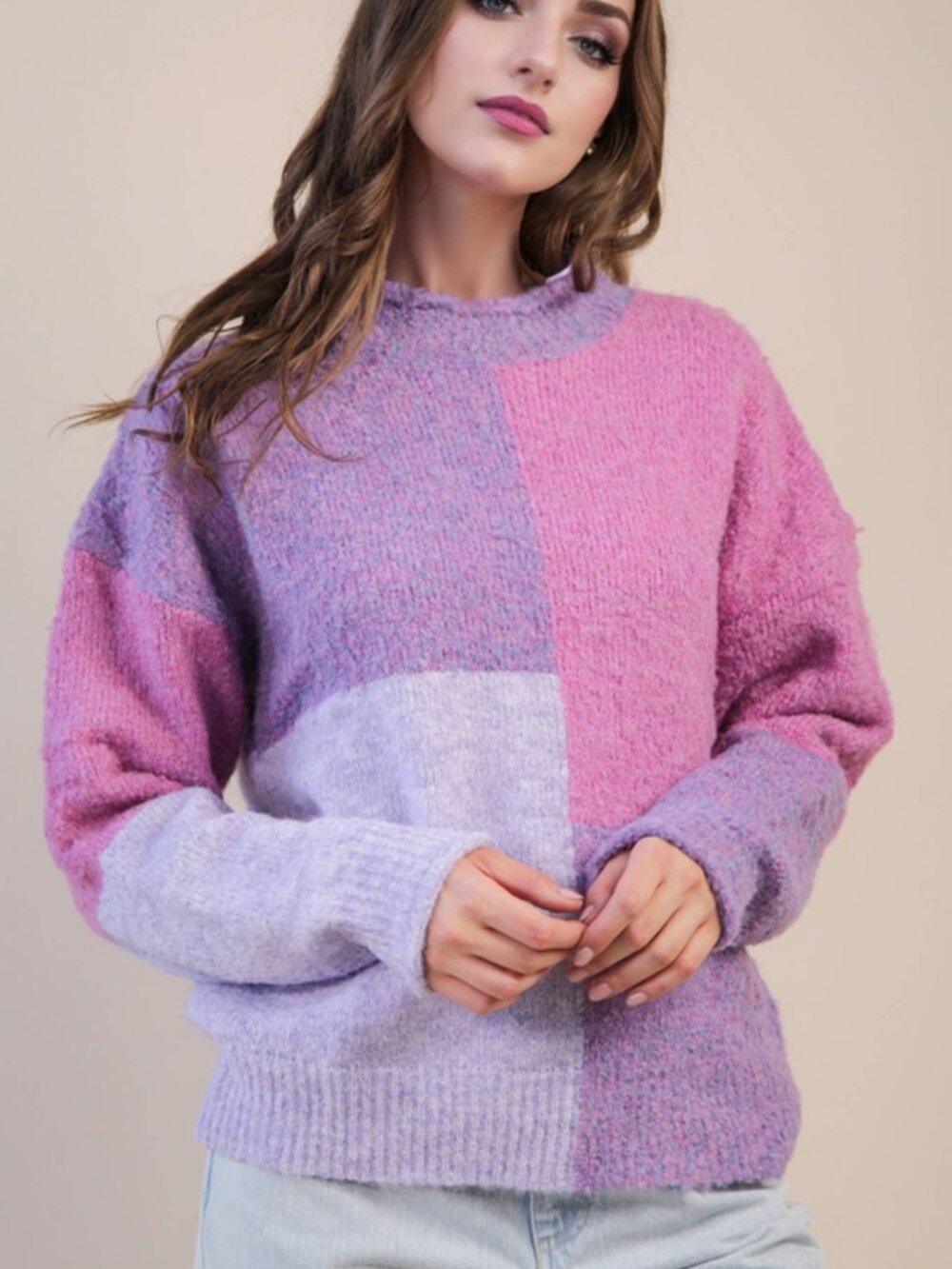 NWT Very J Oversized Color Block Cozy Knit Sweater Purple/Pink Size Large